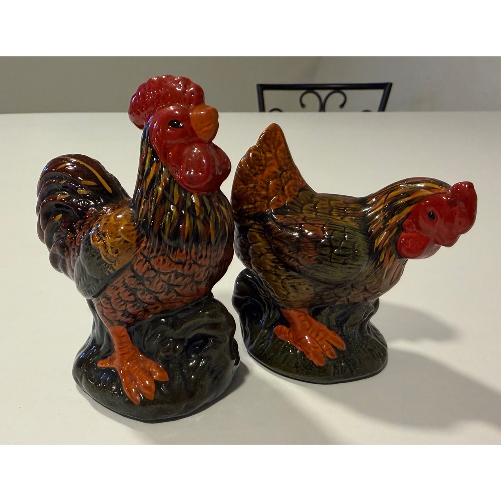 Vintage Ceramic Rooster and Hen Figurine Set Farmhouse Country Decor Brown Red